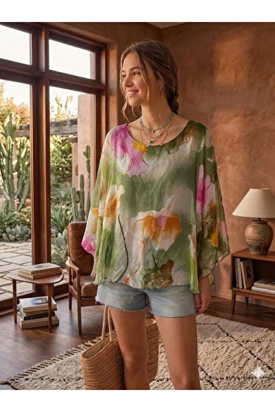 AYASOFYA OTANTIK Women's Italian Khaki Batik Floral Pattern Silk Blouse