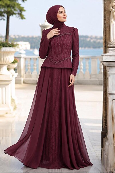 TRENDTESETTÜR KADIN BORDO BONCUK İŞLEMELİ ABİYE ELBİSE T 5325