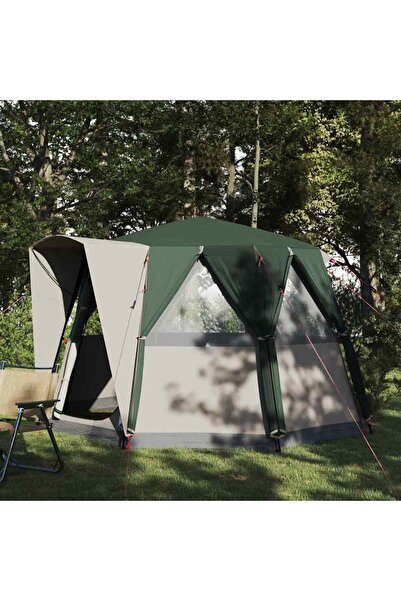 vidaxl Cort cabana pentru 3 persoane Verde si alb 320 x 320 x 203 cm