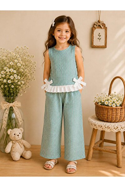 elzo collection Bow Detailed Gingham Aqua Green Girls' Top and Bottom Set