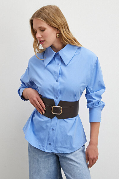 Never more Beli Gathered Belted Shirt Blue