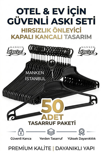 Manken İstanbul 50 Adet Otel Askısı Ev Askısı Güvenli Hırsızlık Önleyici Kapa...