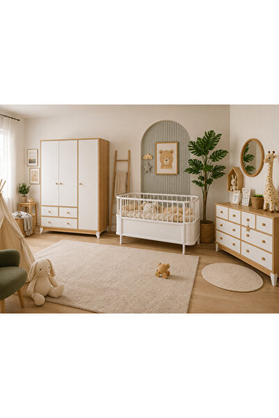 Koza %100 MDF Bonnie Ahşap Maxi (Large) Bebek Odası (3 Kapılı Dolap& 8 Çekmec...