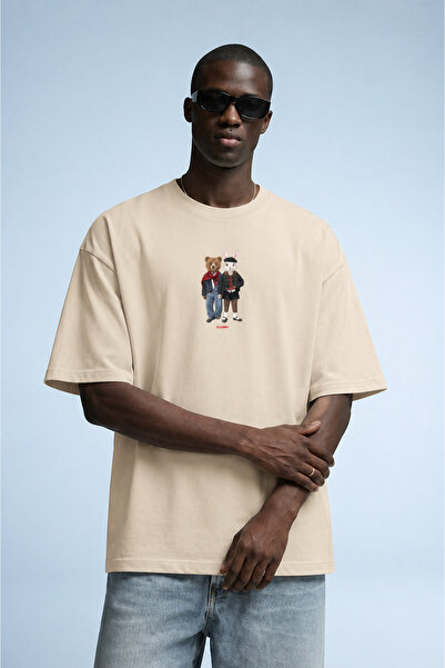 MATERIAL Men's Bear & Rabbit Printed Oversize Beige T-Shirt