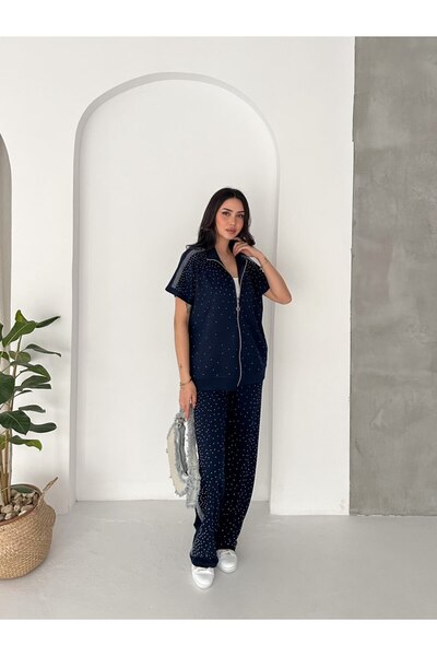 winmoda Kadın Komple Taş Detaylı Fermuarlı Yelek & Bol Paça Pantolon İkili Takım