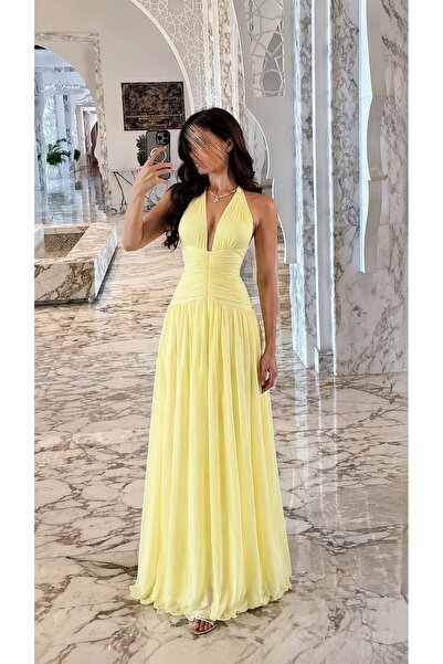 MAYASAN Yellow Chiffon Evening Dress with Drop Collar
