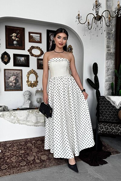 Caddebostan Moda Polka Dot Patterned Strapless Tie-Up Midi Dress and Bandana Set