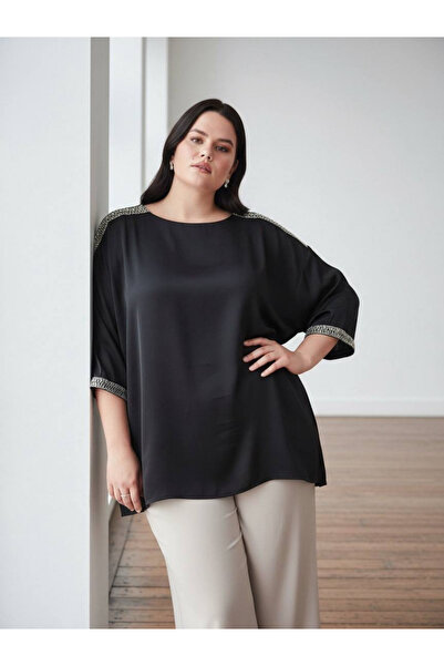 PERA MODA قميص طويل كبير الحجم مزين بالأحجار على ياقة وحواف الأكمام