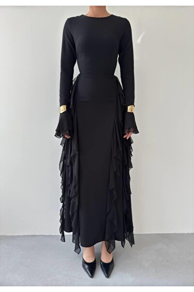 Caddebostan Moda Women's Ruffle Detailed Long Evening Dress Chiffon Sleeve De...