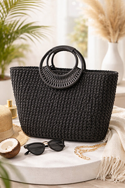 YASERS Women's Black Lined Straw Bag