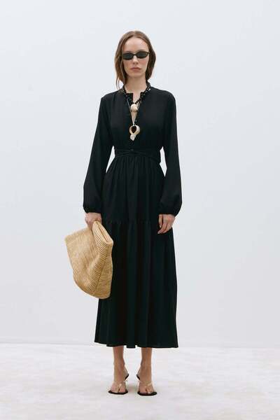 Suud Collection Siyah Mia Kuşaklı Maxi Elbise