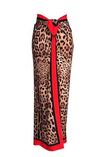 NUNE DESIGN Leopar Desenli Kırmızı Biyeli Çok Amaçlı Pareo Şal Vual Kumaş 120...