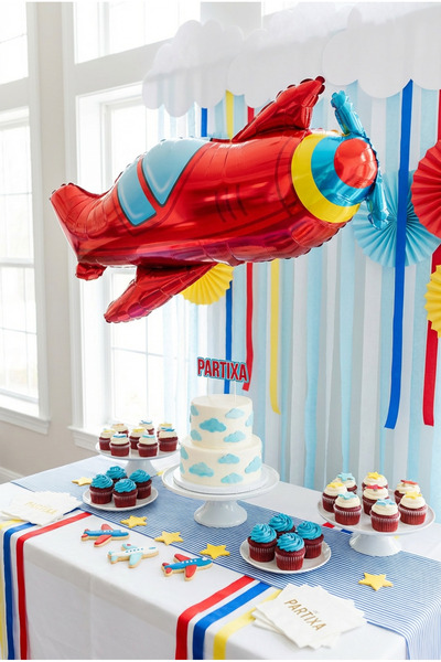 Partixa Kırmızı Uçak Folyo Balon 94x50 cm Uçak Temalı Çocuk Doğum Günü Parti ...