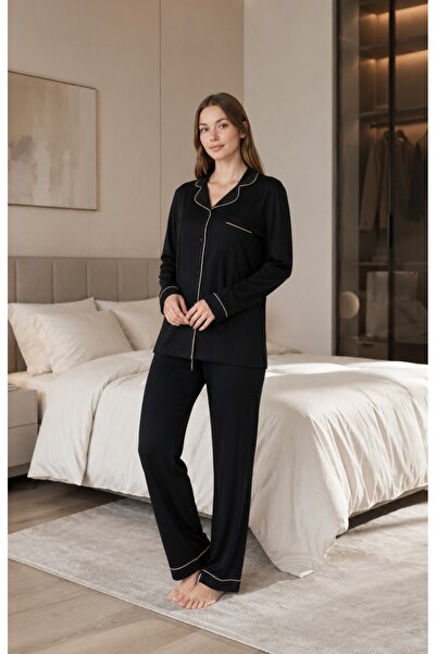 Kadın Siyah Organik %100 Pamuk Düğmeli Premium Pijama Takımı S-5XL ve Büyük Beden