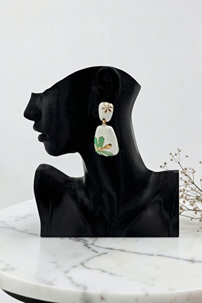 nftart.design White Green Floral Patterned Vintage Dangle Women's Earrings