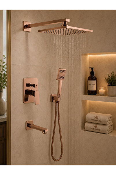 vb vitrinbanyo Premium Rose Gold Ankastre Duş Seti – Yağmurlama Tepe Duş ve E...