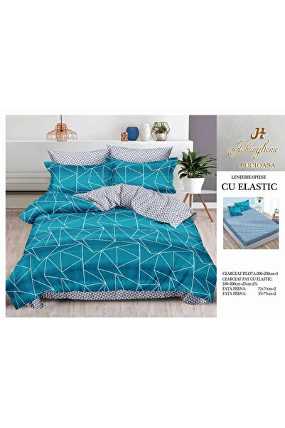 Pucioasa Lenjerie de pat Finet 6 piese cu elastic, turcoaz cu forme geometric...
