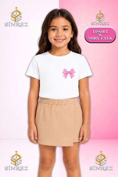 SİNREZ Set pentru fete KURDALE PEMBE SOL UST Tricou cu mânecă scurtă imprimat...