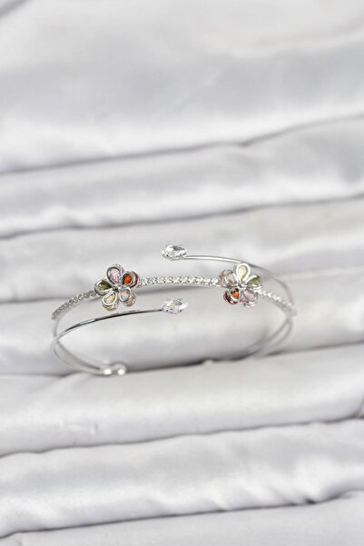 Clariss Silver Color Brass Zircon Stone Flower Model Women's Bracelet