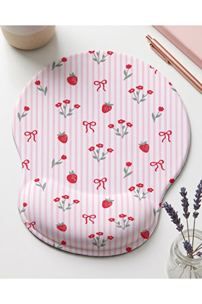 matizya Çilek Desenli Pembe Çizgili Bilek Destekli Oval Mousepad 19x23 cm Kaw...