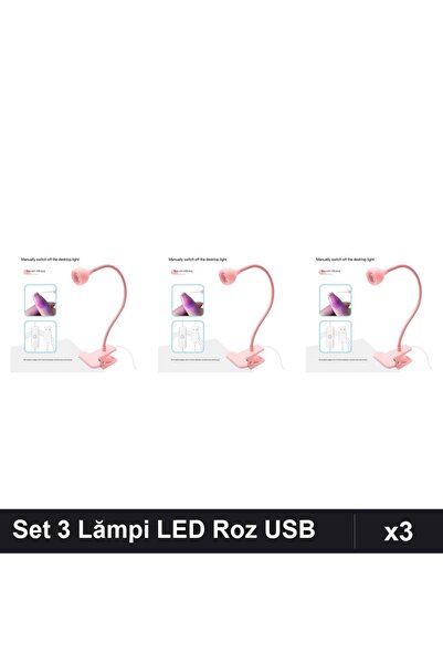 NAİLS Set 3 Lămpi LED-Lanternă USB 3W Roz, Clemă Flexibilă Manichiură