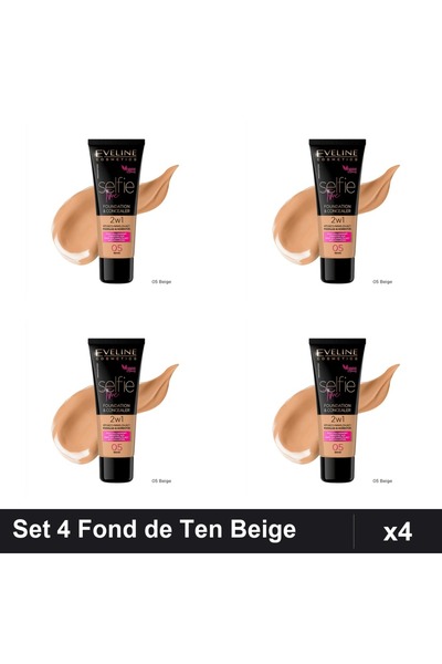 Eveline Set 4 Fonduri de Ten Selfie Time 2in1, Nuanță 05 Beige, 30ml