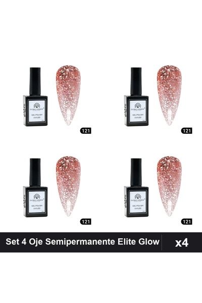 global fashion Set 4 Oje Semipermanente Gel Polish Elite Glow 15ml, Manichiur...