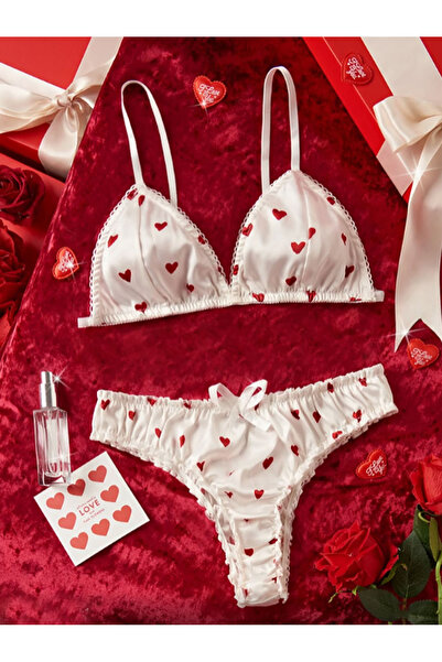 JInsh White Satin Lingerie Set with Red Hearts, Wireless Triangle Bra & Panty...
