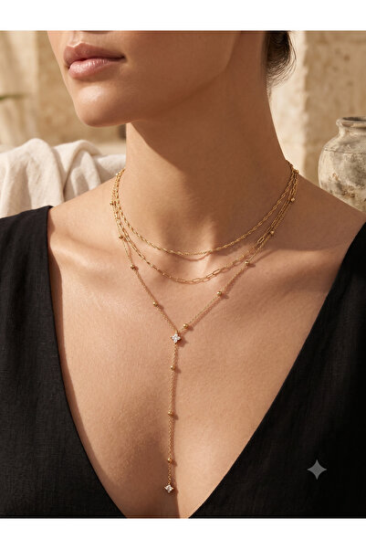 PABALAS 3-Piece Women's Steel Necklace Set Gold Color Tarnish-Resistant Zirco...