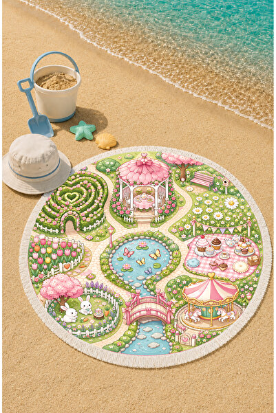 Evmila Детска плажна кърпа с тематика  "Замък в цветна градина ", кръгла, 150 см