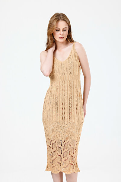 ONE WEAR Women's Beige Lined Summer Knitwear Dress