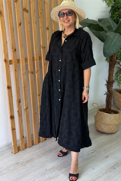 By Esra Celkan Black Crispy Floral Puffy Imported Cotton Shirt Dress