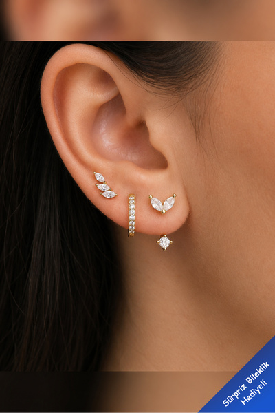 The Collection Minimal Leaf Model 3-Piece Women's Zircon Stone Cartilage Earr...