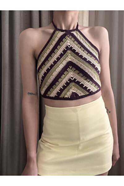 Manella Collective Merserize Örgü Zikzak Desenli El Yapımı Crop Top