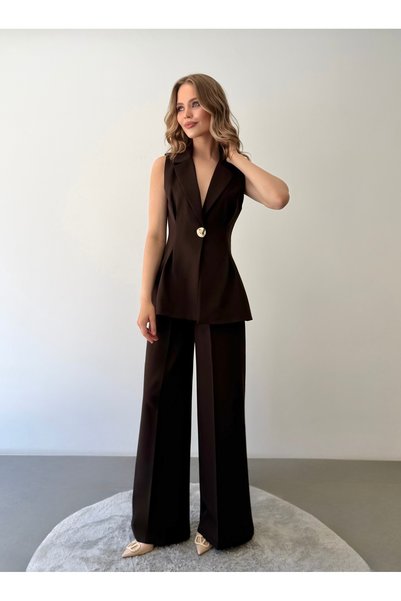 ossons Vestă blazer cu guler dublu și un singur nasture și pantaloni largi - Maro Bitter