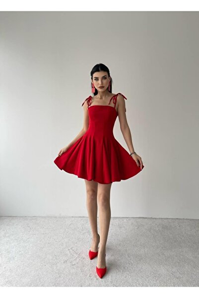 Caddebostan Moda Strappy Mini Dress Square Neckline Flared Skirt Stylish Grad...