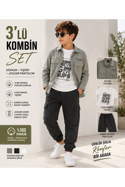 Clup Polo Boy's 3-Piece Stylish Combination Set. Poplin Shirt T-Shirt Stretch...