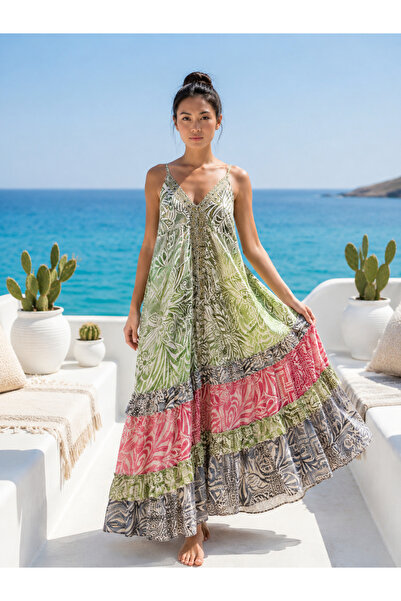 laviyonsa Geometric Ethnic Pattern Silk Backless Color Dress