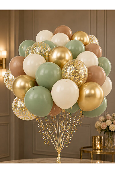 Aspak Bej & Kahverengi Gold Konfeti Balon Demeti – 30’lu Set (Balon Zinciri D...