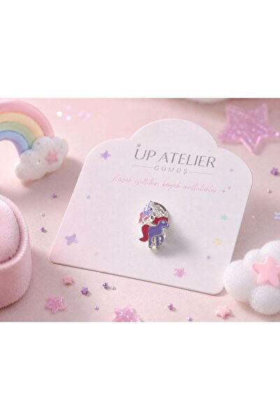 Up Atelier 925 Ayar Gümüş Çocuk Küpesi Mavi Kırmızı At Şekli
