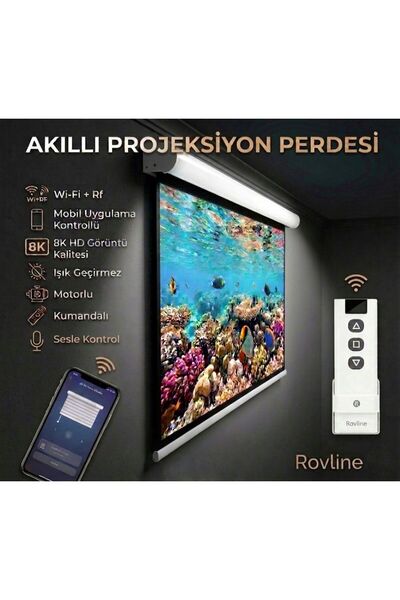 Rovline Akıllı Projeksiyon Perdesi, Wi-Fi + Rf, Motorlu, 200x200, Sesle Kontr...