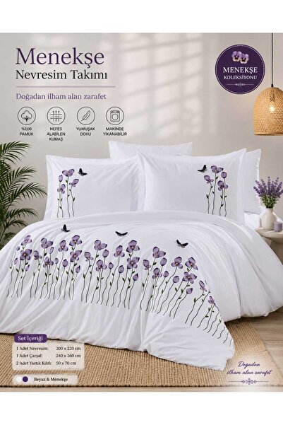 İK TEKSTİL Violet Garden 3D Butterfly Embroidered and Cotton 6 Piece Double D...