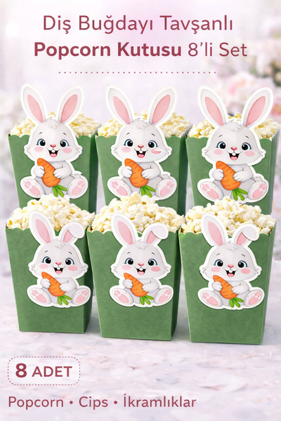Parti Konsepti Diş Buğdayı Tavşanlı Popcorn Kutusu 8’li Set Renk Seçenekli İk...