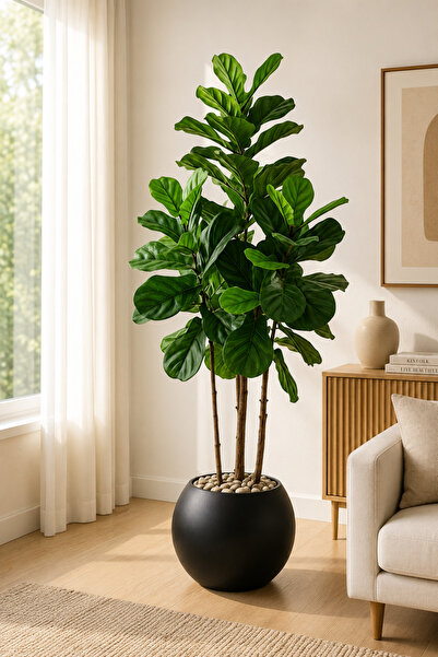 TrentonGCC Artificial Fiddle Leaf Fig Plant in Modern Round Pot – Premium Ind...