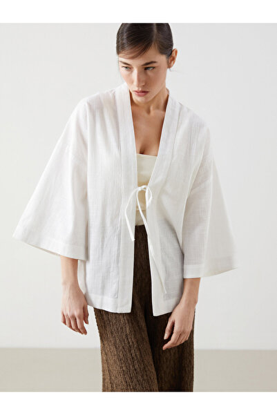 LC Waikiki Kimono de damă supradimensionat, cu guler șal, cu aspect de in