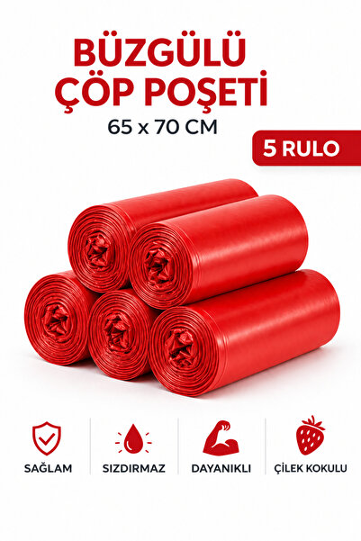 MSE HOLD Büzgülü Çöp Poşeti Çilek Kokulu 65×70 cm Büyük Boy 5 Rulo Dayanıklı ...