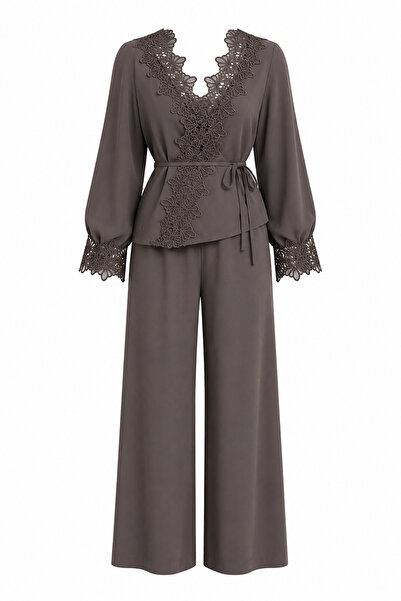 HAZELANNA Lace Shirt-Pants Brown Double Set