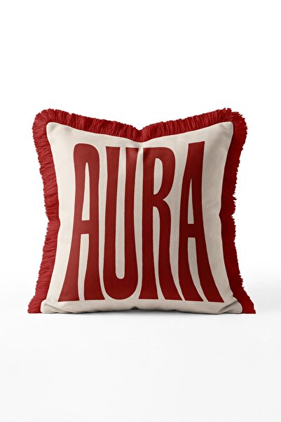 IdeCraft غطاء وسادة مزين بشراشيب مطبوع عليه نصوص AURA - غطاء وسادة مزين بشراش...