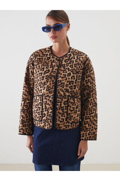 LC Waikiki Geacă matlasată de damă cu imprimeu leopard și guler rotund