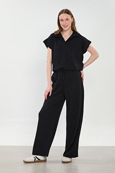BARRELS AND OIL Women's polo collar short sleeve two-piece set - black